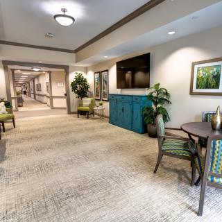 A well-decorated hallway with seating, artwork, and plants.