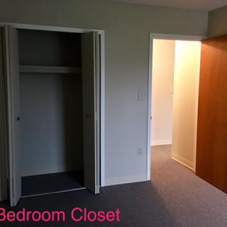 An empty bedroom with an open closet and a doorway.