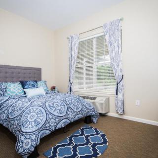 A cozy bedroom featuring blue patterned bedding and curtains, with a window allowing natural light to enter.