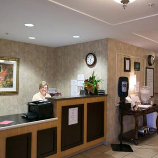A reception area with a desk, a woman working on a computer, and wall decorations.