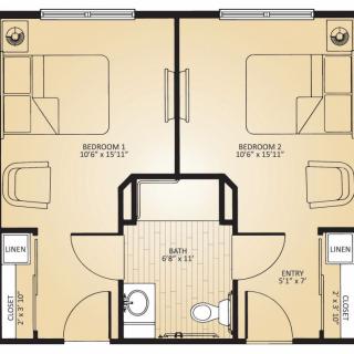 A floor plan of a two-bedroom apartment with shared bathroom and living space.