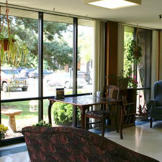 A cozy lounge area with large windows allowing natural light to flood in, featuring plants and comfortable furniture.