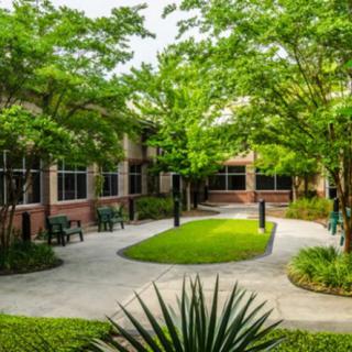 A serene courtyard surrounded by lush greenery with outdoor seating and winding pathways.