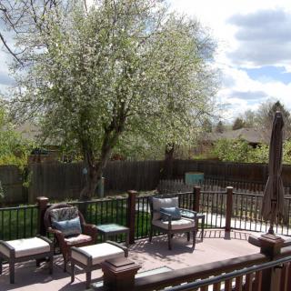 A cozy outdoor deck with seating and blossoming trees under a partly cloudy sky.