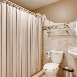 A small bathroom with a shower curtain and basic amenities.