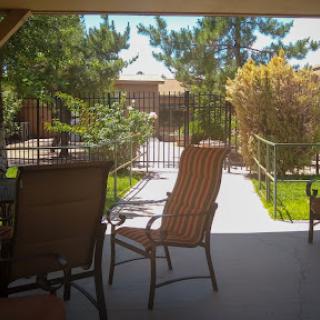 A serene outdoor patio view overlooking a lush garden with comfortable chairs.