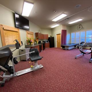 A well-equipped fitness and rehabilitation room featuring various exercise machines.