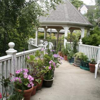 A charming garden pathway lined with potted plants and flowers leading to a gazebo.