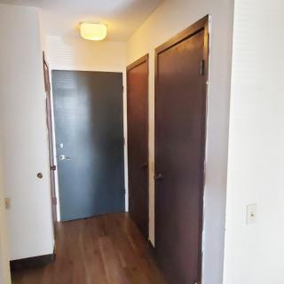 A hallway with two wooden doors, a front entrance door, and wooden flooring.
