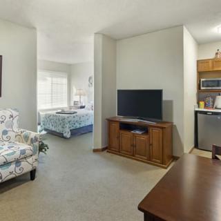 An open-plan apartment with a living room, adjacent bedroom, and a small kitchen area.