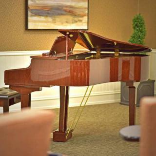 A grand piano sits elegantly in a warmly decorated living room.