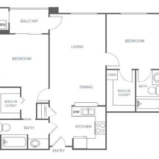 A floor plan of a 2-bedroom apartment with kitchen, living and dining areas, bathrooms, and a balcony.