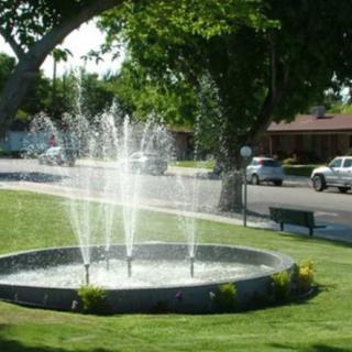 A charming outdoor fountain surrounded by lush greenery in a suburban park.
