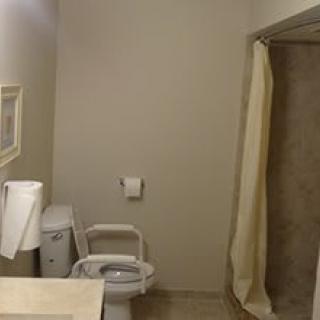 A simple bathroom with a toilet and shower area.