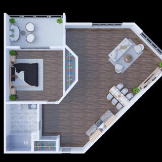 A modern open-concept floor plan featuring a spacious living area, kitchen with an island, dining space, bedroom, and a balcony.