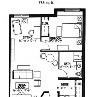 A 765 sq. ft. apartment floor plan featuring a living room, bedroom, bathroom, kitchen, dining area, and closet.