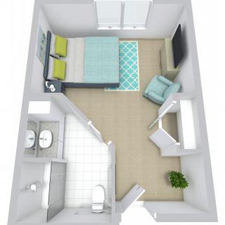 A 3D floor plan of a compact apartment with a bedroom, bathroom, and sitting area.