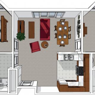 A 3D floor plan illustrating an apartment layout with a living room, dining area, and kitchen.