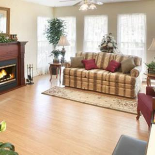 A cozy living room with a striped sofa, a fireplace, and large windows letting in ample natural light.