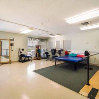 A spacious therapy room equipped with exercise mats and various rehabilitation tools, designed for physical therapy sessions.