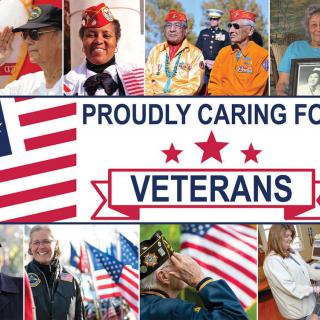 A collage emphasizing proud support and care for veterans, featuring individuals in military attire and American flags.