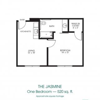 The Jasmine: A 590 sq. ft. one-bedroom apartment floor plan.
