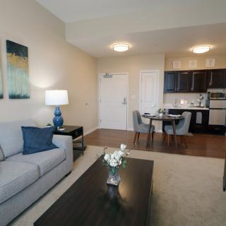 A modern apartment featuring a cozy living room with a sofa, adjacent to a dining area and kitchen.