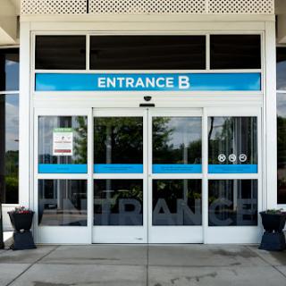 The entrance to a building marked as 'Entrance B'.