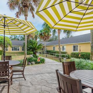 A peaceful outdoor patio with striped umbrellas, surrounded by lush greenery and palm trees.