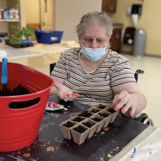 A senior woman in a wheelchair uses potting soil to prepare seedling trays for gardening.