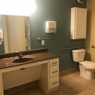 A modern bathroom with a sink, toilet, and mirror.