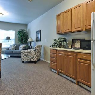 A cozy open-plan living room and kitchen area with wooden cabinetry and comfortable seating.