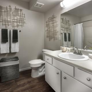 A modern bathroom with a sink, mirror, and decorative elements.