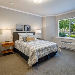 A modern bedroom with elegant decor, featuring a comfortable bed and large window.