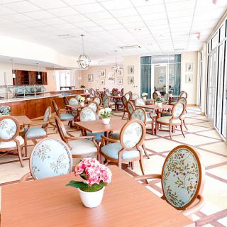 A bright and airy cafe with beautifully decorated chairs and tables, enhanced by natural lighting.