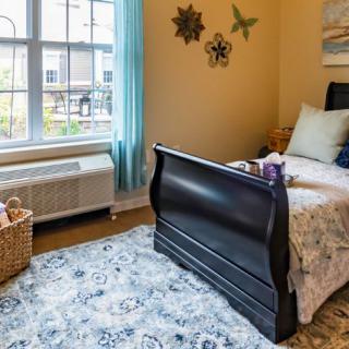 A cozy bedroom with a single bed, decorative wall art, and ample natural light streaming through the window.