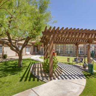 A serene courtyard with a wooden pergola and lush greenery.