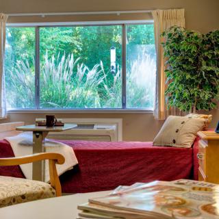 A cozy living room with a large window allowing natural light to brighten the space, featuring a sofa adorned with pillows and a table with magazines.