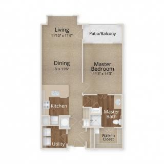 Floor plan of a residential apartment featuring a living room, master bedroom, kitchen, dining area, bathroom, and patio/balcony.