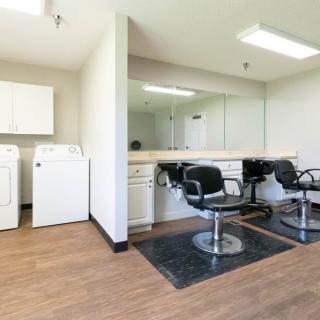 A modern salon with styling chairs, mirrors, and washing machines in a bright, inviting space.