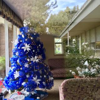 A beautifully decorated blue Christmas tree in a cozy living room, capturing the festive spirit.