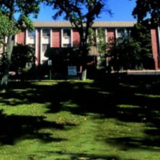 A building surrounded by trees and grassy area on a sunny day.