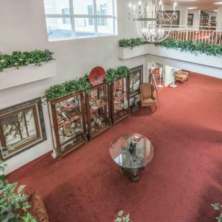 A spacious lobby with red carpeting, decorative plants, and elegant furniture surrounds a glass coffee table.