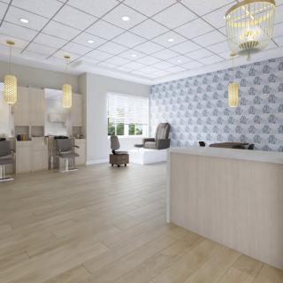 Modern salon interior with a reception desk and spa chairs.
