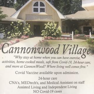 An advertisement for Cannonwood Village senior living facility, highlighting its amenities and healthcare services.