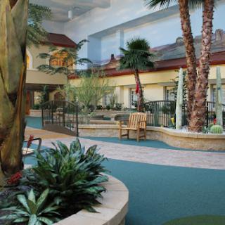 An inviting indoor landscape featuring lush greenery and palm trees in a hotel atrium.