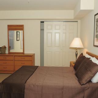 A cozy bedroom with a neatly arranged bed, wooden dresser, and closet.