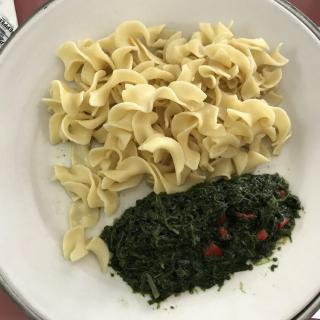 A plate of noodles served with cooked spinach.