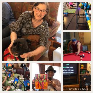 A collage capturing fun moments with friends, including pool playing, cuddling a dog, enjoying drinks, and singing karaoke.