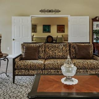 Cozy living room with a patterned sofa and decorative elements.
